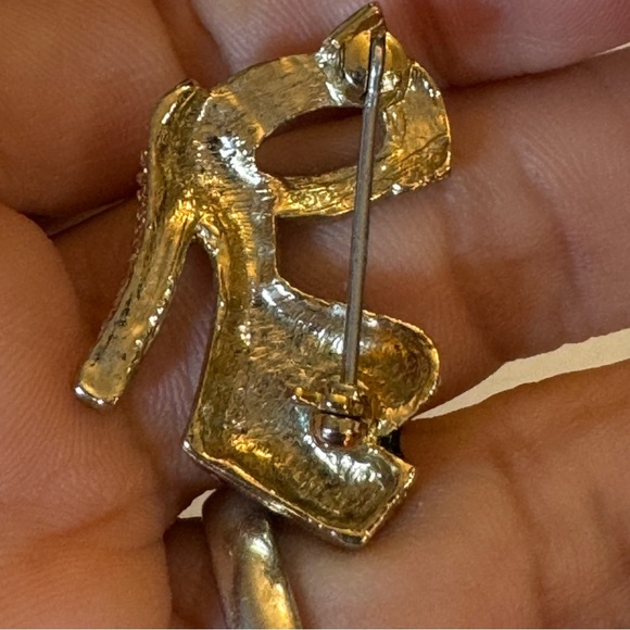 Vintage Platform Heel Shoe Black Enamel Clear Rhinestone Gold Tone Brooch - Picture 6 of 8